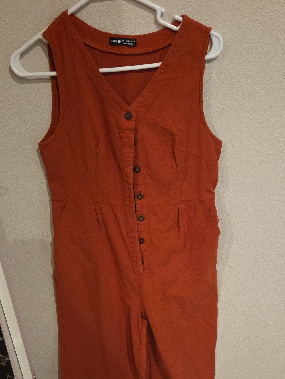 SHEIN Rust Orange Sleeveless Button-Front Jumpsuit